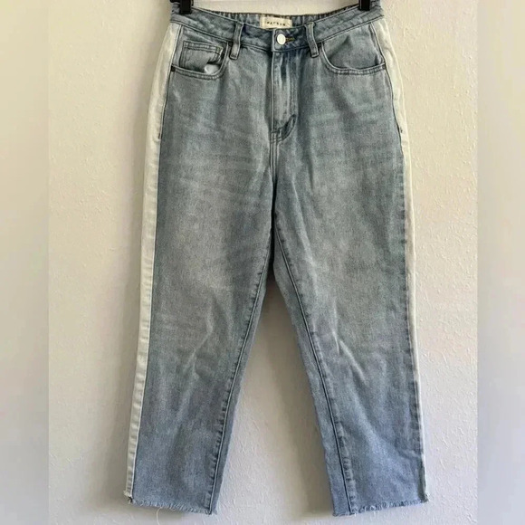 PacSun Denim - Pacsun Mom Jeans Two Tone Side Stripe Raw Hem Denim Cropped  Jeans Size 27